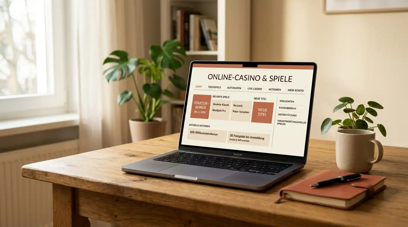 Laptop mit Casino-Interface auf Schreibtisch in warmem Licht