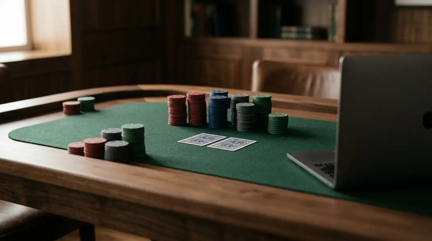 Pokerchips auf einem gedeckten Pokertisch neben einem Laptop mit neutralem Interface