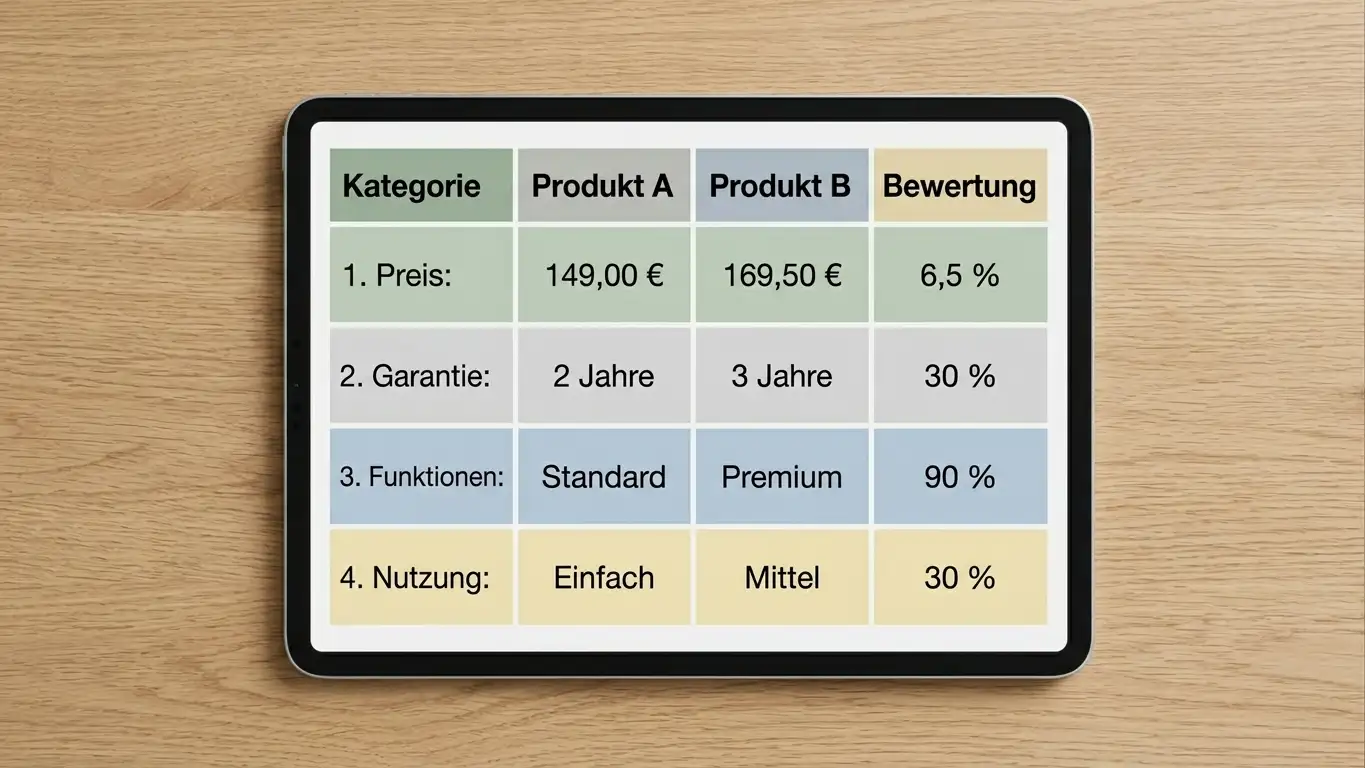 Übersichtstabelle mit Anbieter-Namen und Bewertungssymbolen auf einem Tablet-Bildschirm