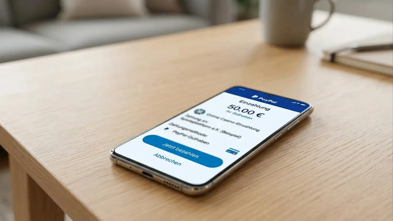 Smartphone zeigt PayPal-Zahlungsbildschirm für Casino-Einzahlung
