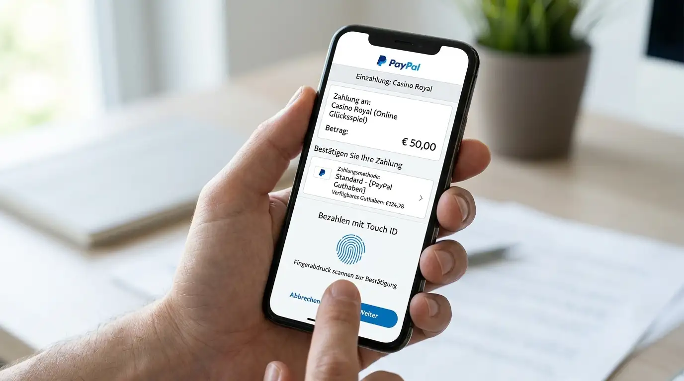 Smartphone mit PayPal-App und Casino-Zahlungsbildschirm