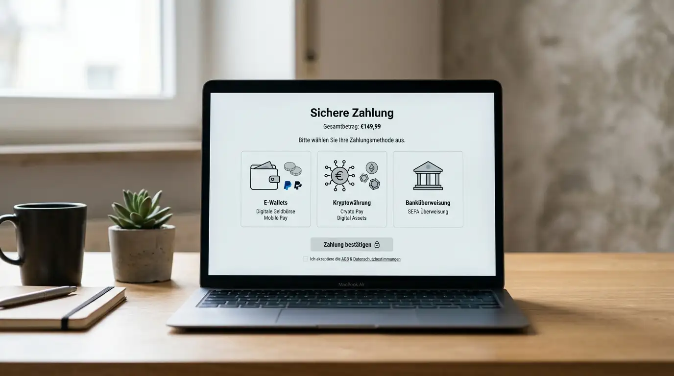 E-Wallet und Kryptowährung Symbole auf neutralem Banking-Interface
