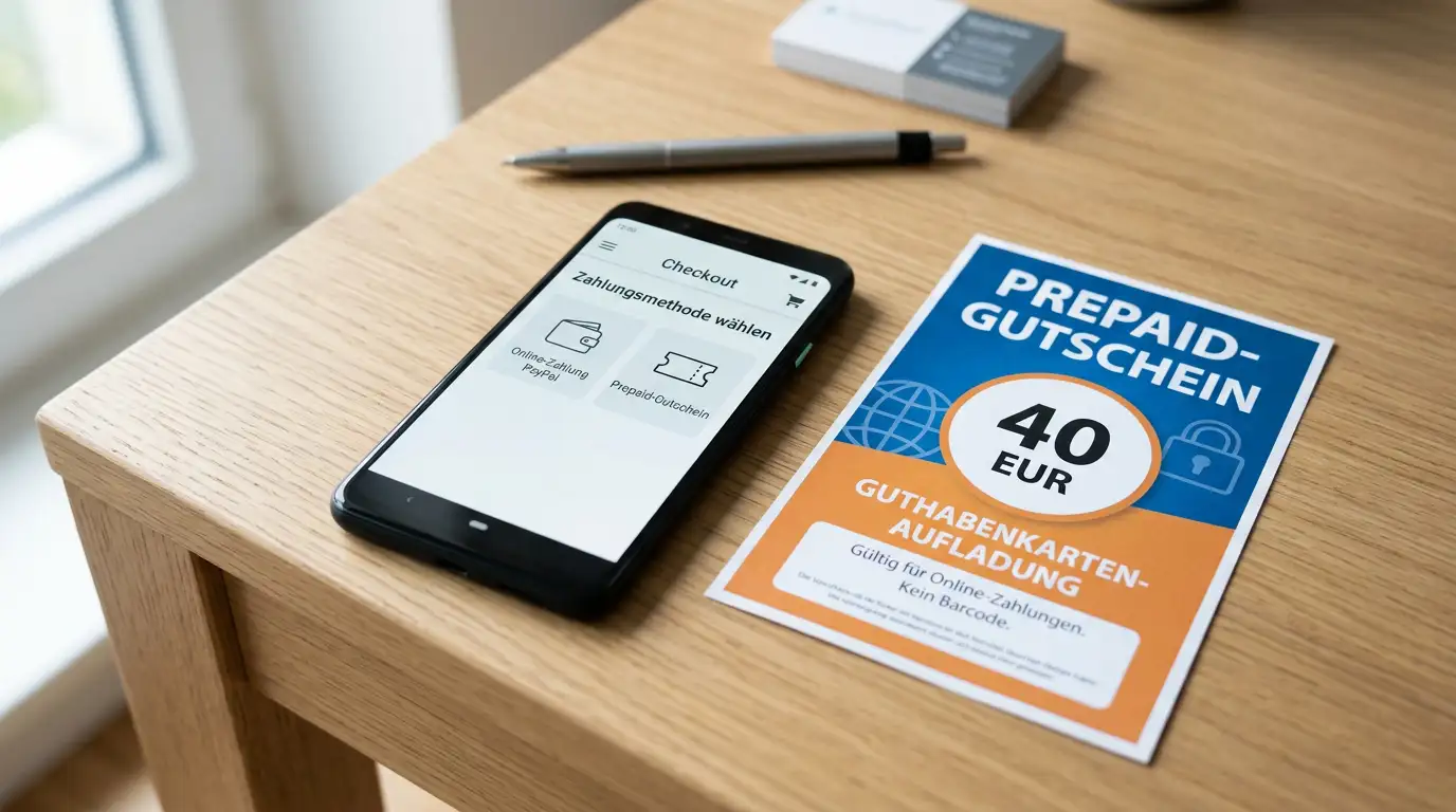 Smartphone mit generischen Zahlungsmethoden-Icons und ein Paysafecard-Voucher über 40 EUR auf minimalistischem Schreibtisch