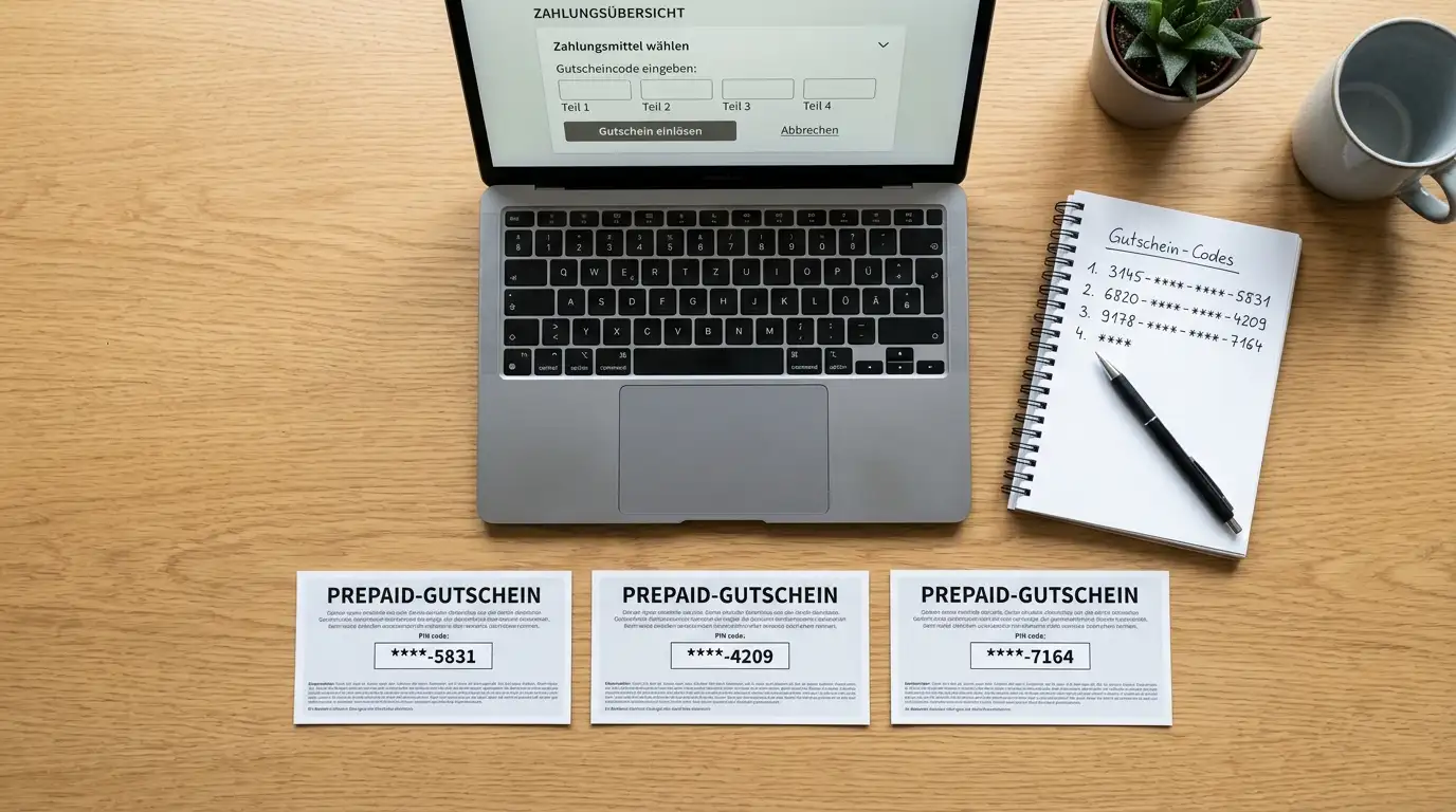 Schreibtisch mit drei Prepaid-Codes und Laptop mit Zahlungsinterface