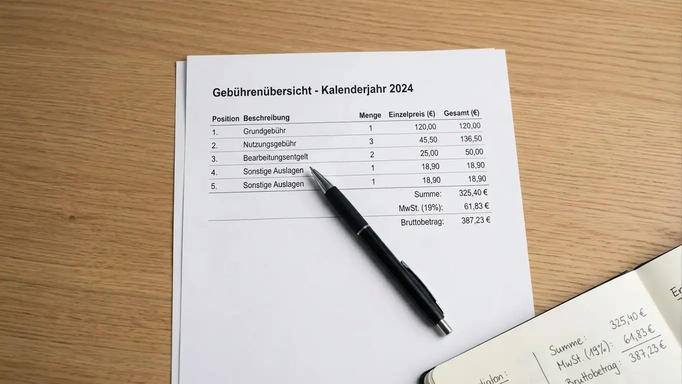 Dokument mit Gebührenübersicht und Taschenrechner auf Schreibtisch