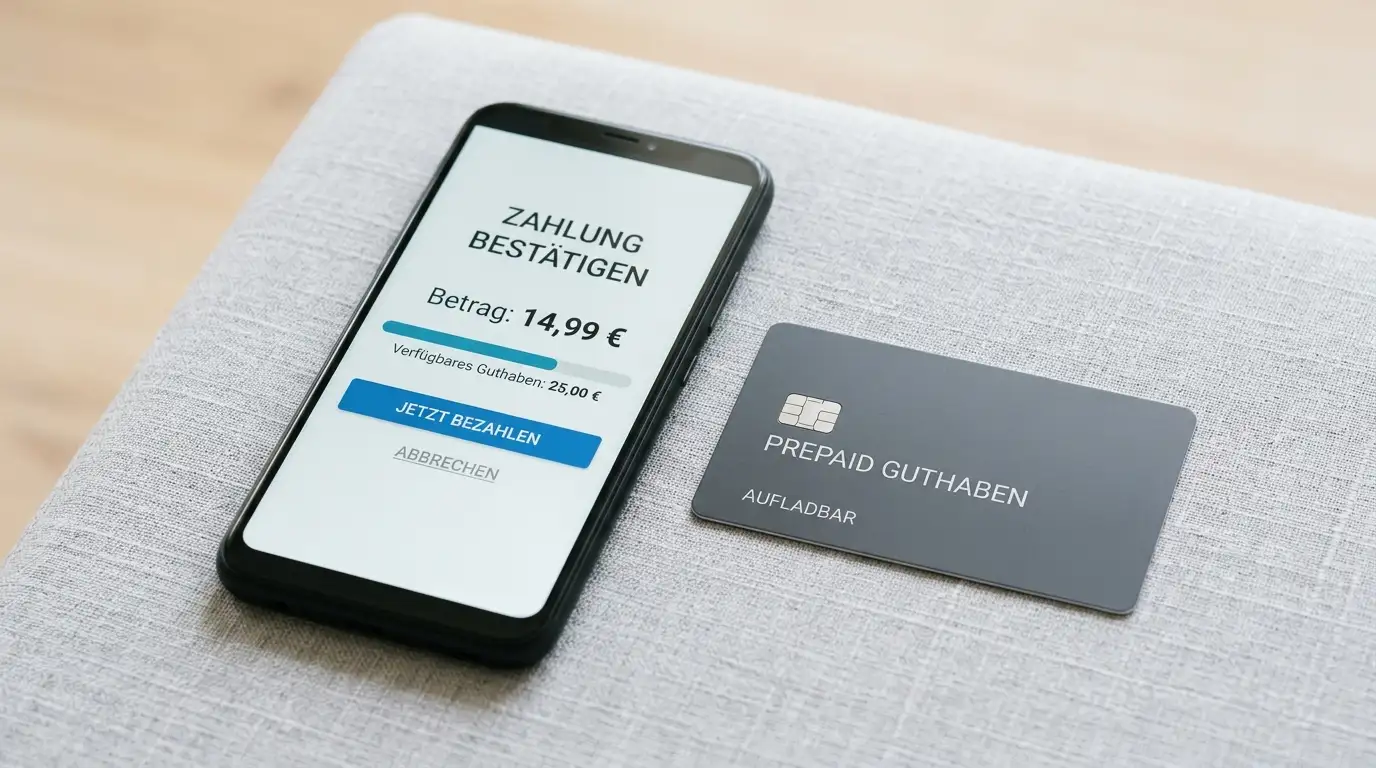 Smartphone mit neutraler Zahlungsübersicht neben einer Prepaid-Karte ohne Marke