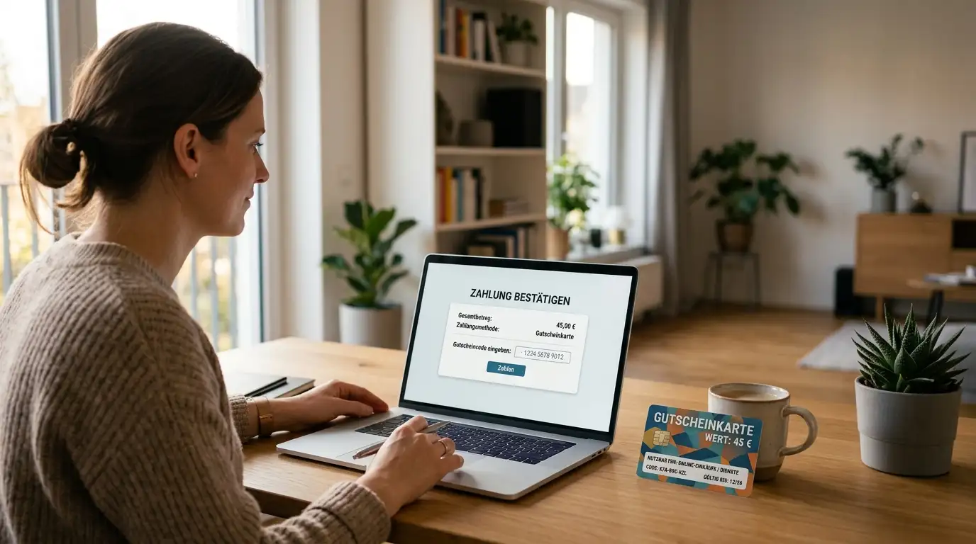 Person an Schreibtisch mit Smartphone, Paysafecard-Voucher und Laptop mit Zahlungsseite