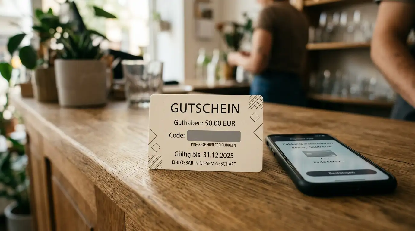 Prepaid-Karte mit verdecktem PIN-Feld liegt neben einem Smartphone auf dem Ladentisch