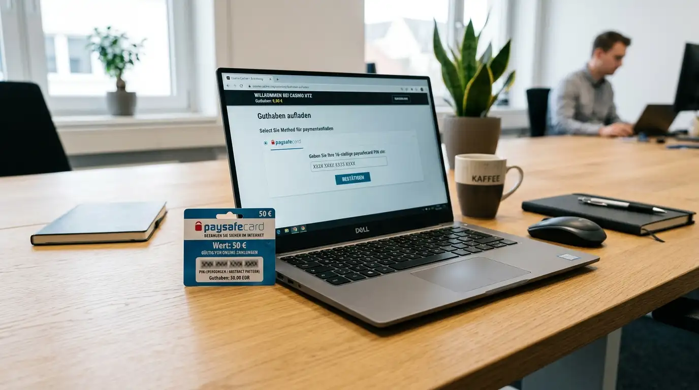 Paysafecard-Voucher mit PIN-Code neben Laptop mit Casino-Kassenseite