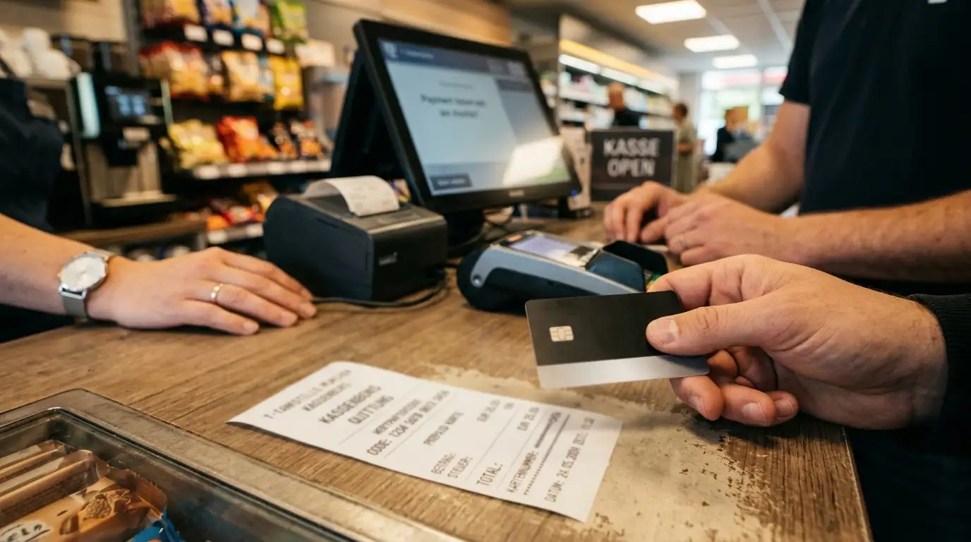 Hände beim Kauf einer Prepaid-Karte an der Tankstellenkasse mit gedrucktem Bon