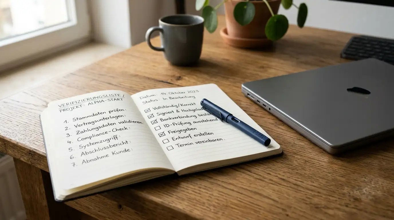 Notizbuch mit handschriftlicher Liste von Verifizierungsschritten neben einem neutralen Laptop