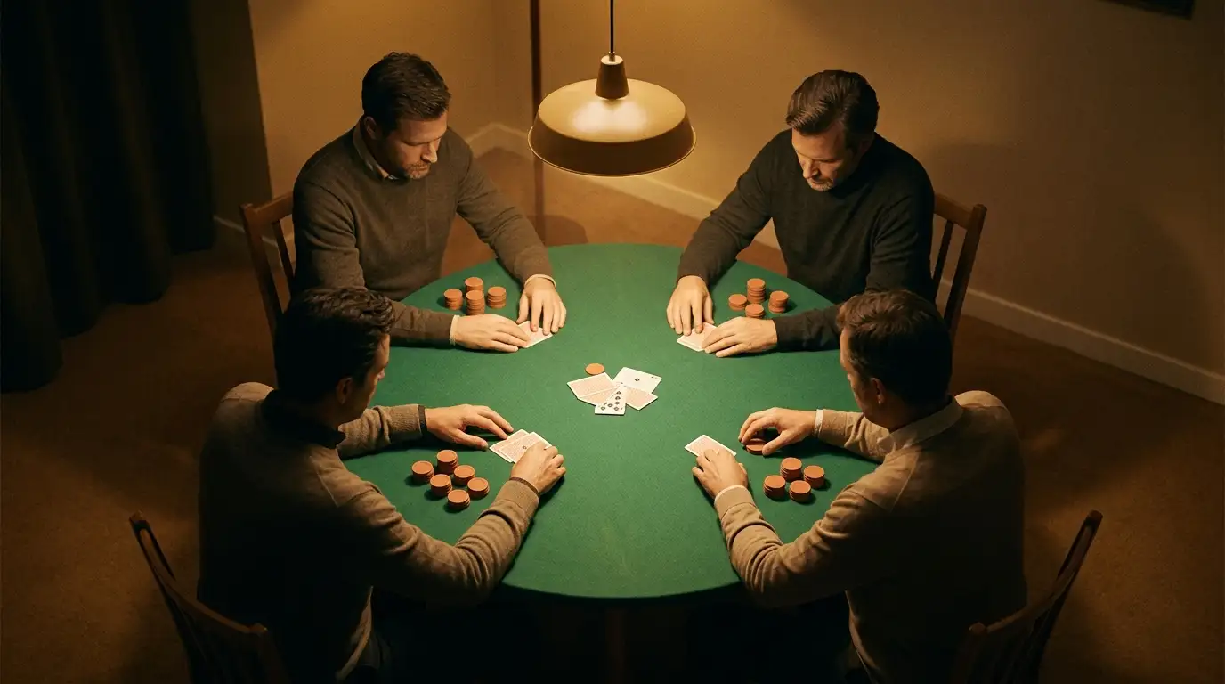 Vier Spieler an einem runden Pokertisch mit neutralen Chips ohne Wertangabe in ruhigem Licht