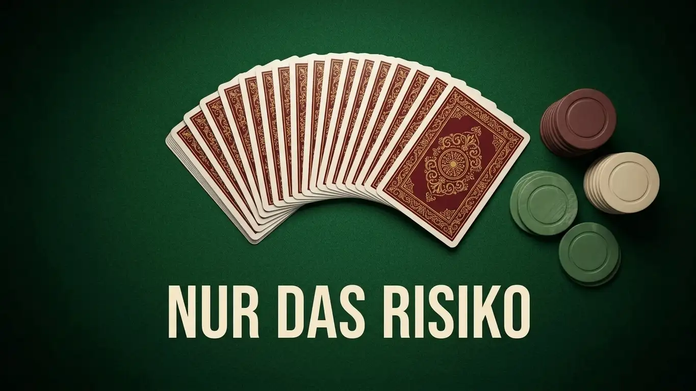 Aufgefächerte Spielkarten auf grünem Filz mit neutralen Chips ohne Wertangabe