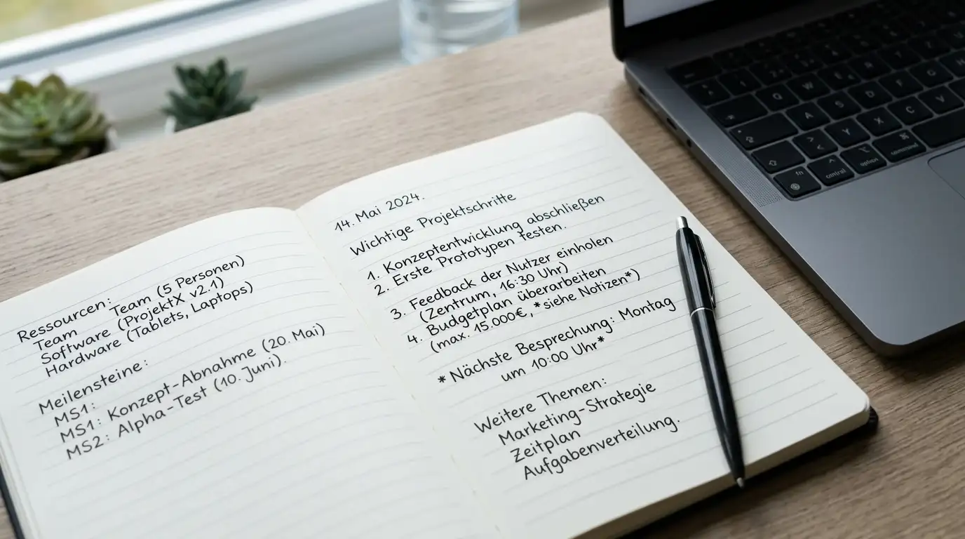 Notizbuch mit Aufzeichnungen neben Laptop auf neutralem Schreibtisch