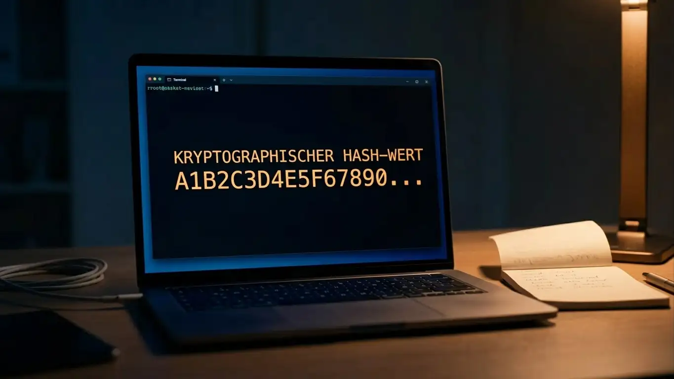 Laptopbildschirm mit Hash-Werten und Notizblock daneben