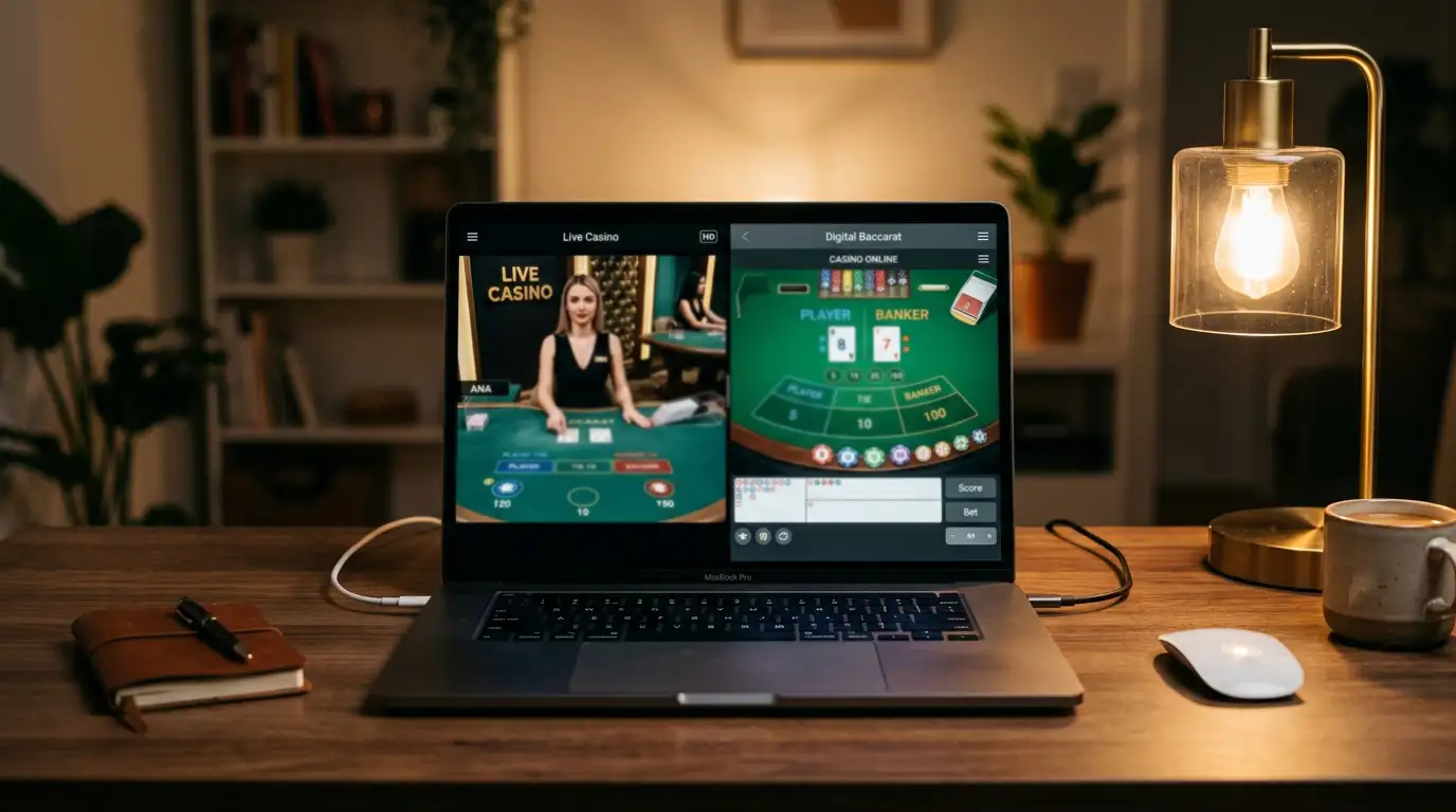 Laptop mit RNG-Baccarat-Spiel und Live-Casino-Stream nebeneinander