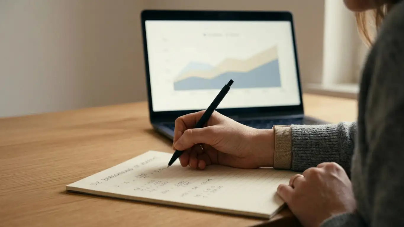Person rechnet mit Stift und Papier den realen Wert eines 100-Prozent-Bonus aus