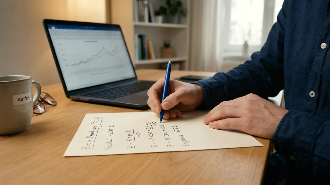 Person rechnet mit Stift und Papier den realen Wert eines 300-Prozent-Bonus aus