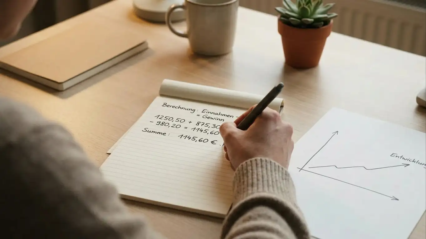 Person rechnet mit Stift und Papier den realen Wert eines 500-Prozent-Bonus aus