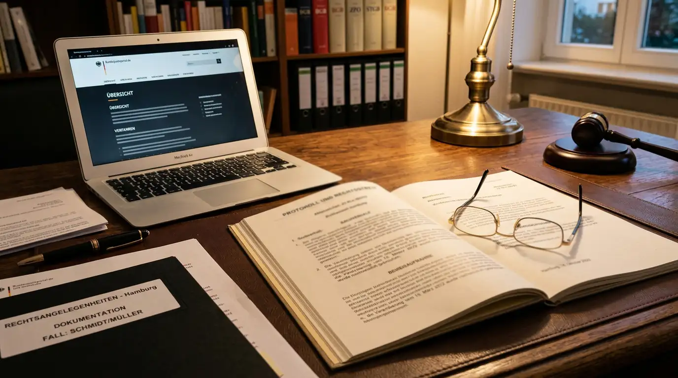 Rechtsdokumente und Laptop mit Gesetzestexten auf Schreibtisch