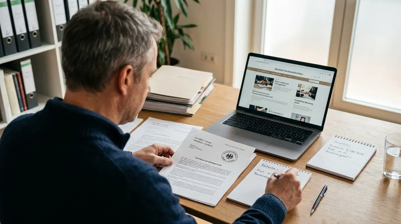 Person am Schreibtisch prüft deutsche Rechtsdokumente mit Gerichtssiegel, Laptop mit Rechtswebsite