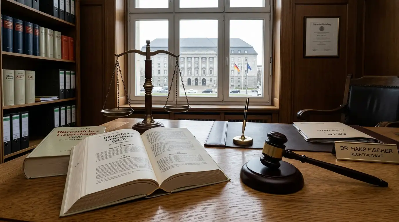 Richterhammer und aufgeschlagenes Gesetzbuch auf Schreibtisch im Büro