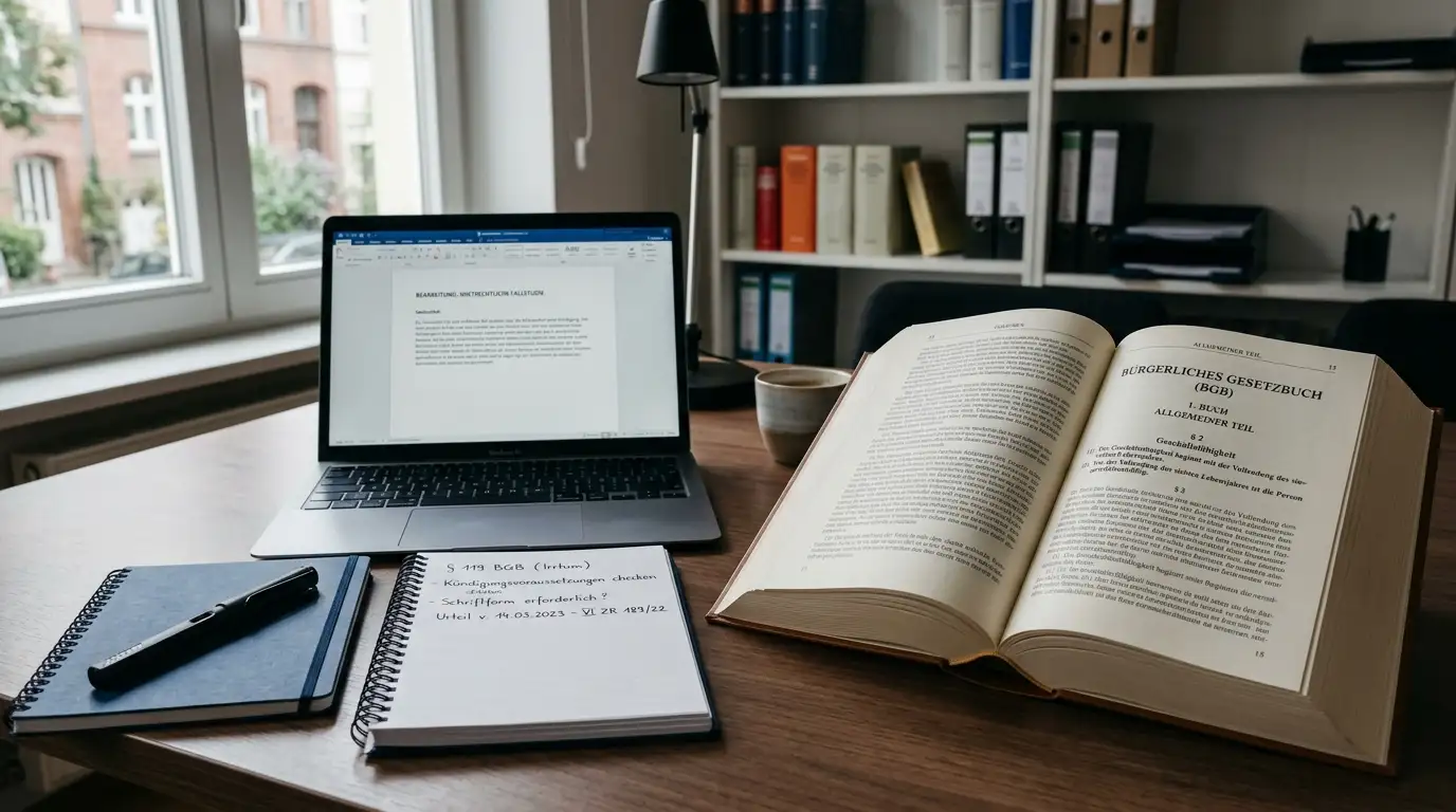 Aufgeschlagenes Gesetzbuch mit Laptop und Notizen auf Schreibtisch