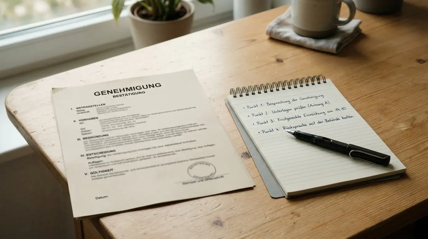 Neutrales Erlaubnisdokument neben einem Notizblock mit handschriftlichen Regeln