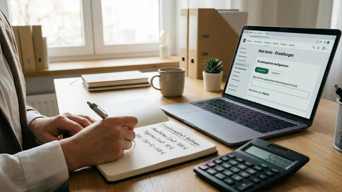 Person schreibt Notizen mit Laptop im Hintergrund