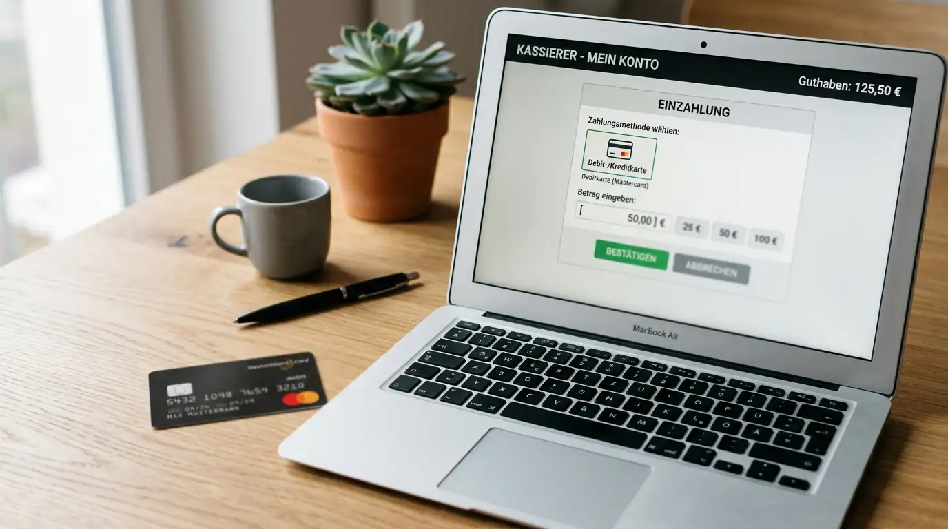 Nahaufnahme einer Debitkarte neben einer Casino-Kassenoberfläche auf dem Laptop