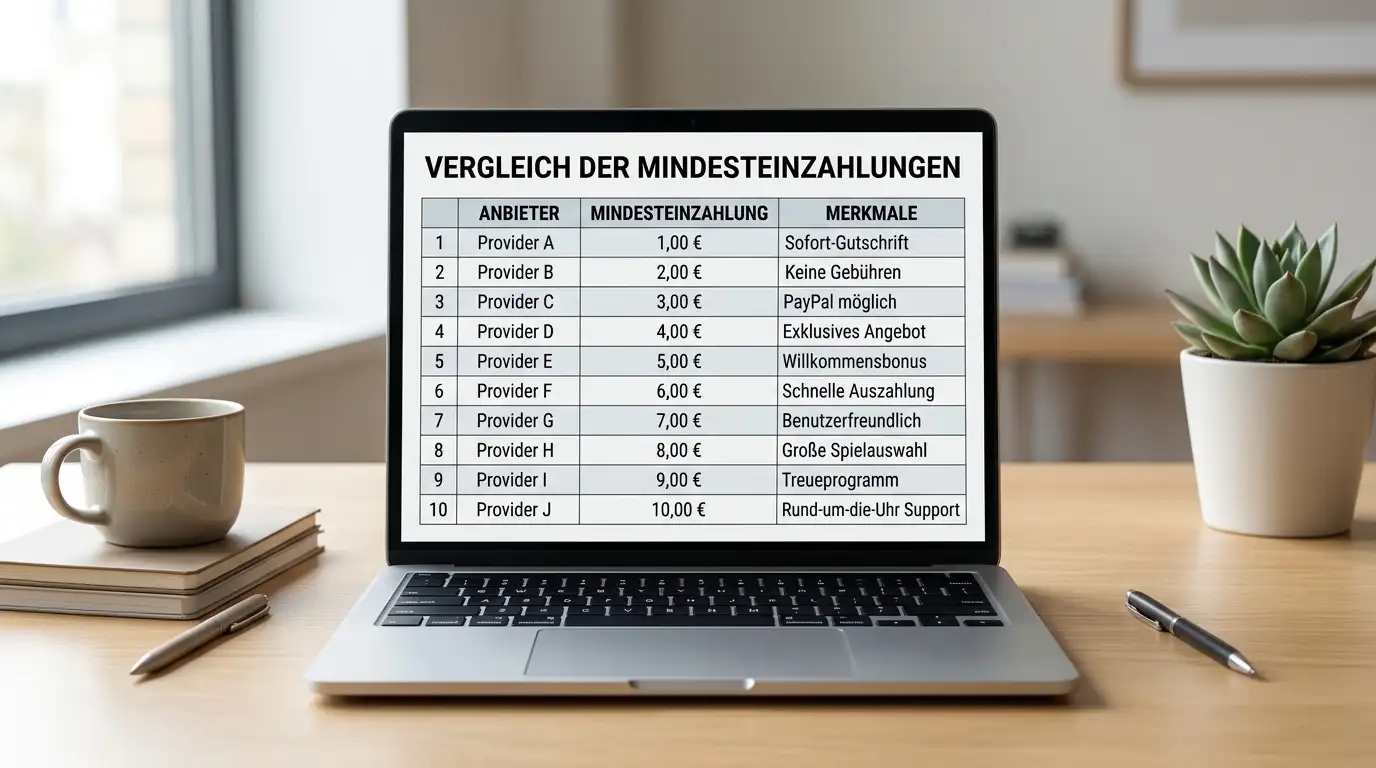 Vergleichstabelle der Mindesteinzahlungen von ein bis zehn Euro auf einem Laptop