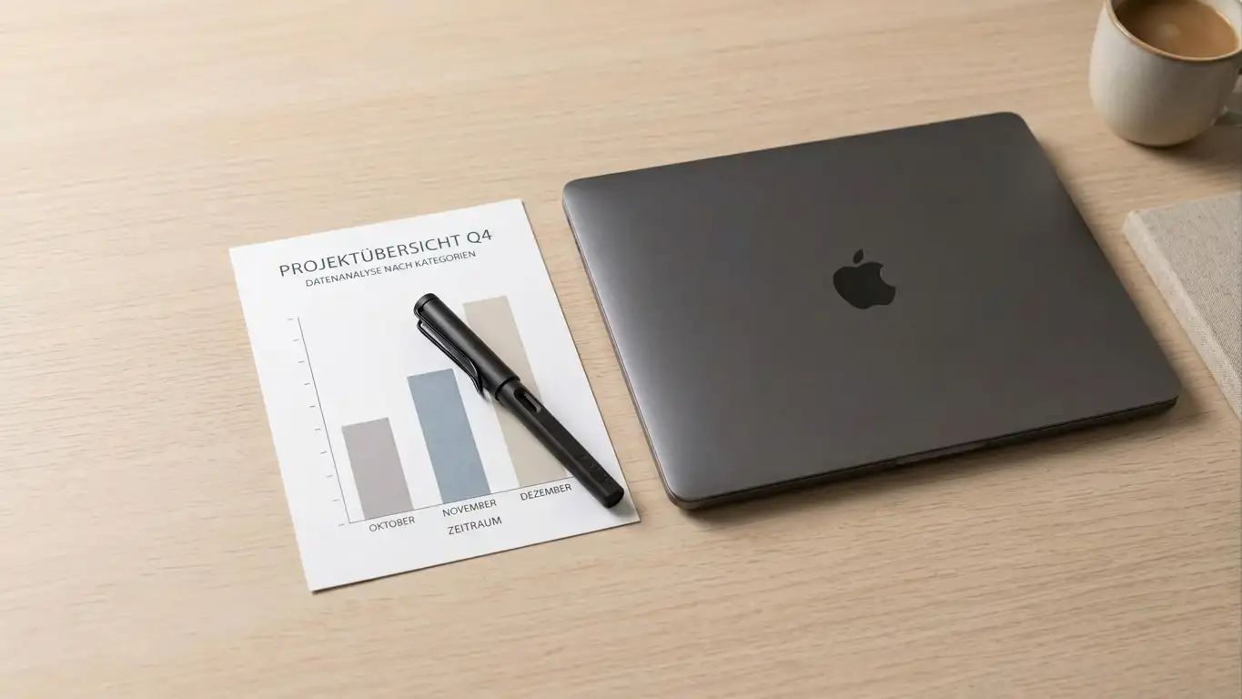 Kugelschreiber und ein kleines Diagramm auf Papier neben einem Laptop ohne lesbare Zahlenwerte