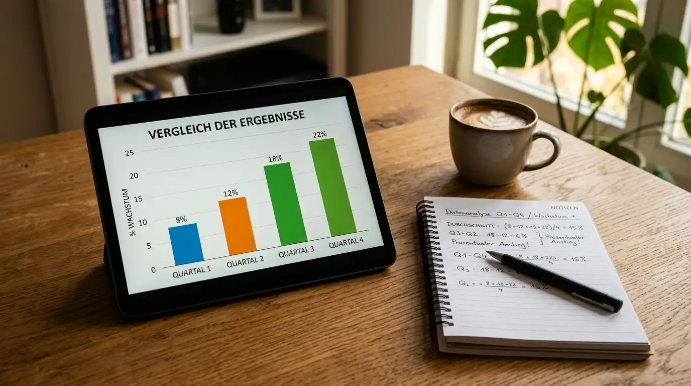 Tablet mit Balkendiagramm-Vergleich, Stift und Notizen auf Schreibtisch