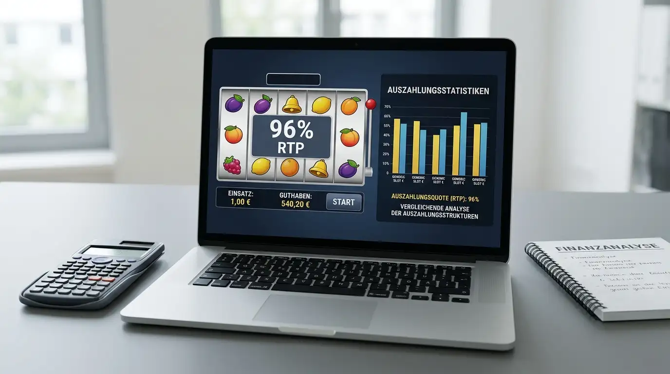 Slot-Bildschirm mit RTP-Anzeige 96 Prozent und Auszahlungsstatistik