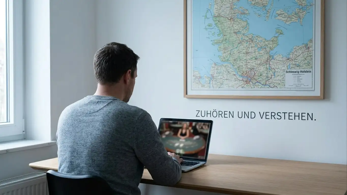 Registrierte Spielerin vor Laptop mit Schleswig-Holstein-Landkarte im Hintergrund