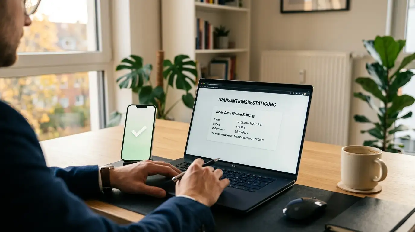 Laptop mit erfolgreicher Auszahlungsbestätigung und Smartphone mit Benachrichtigung
