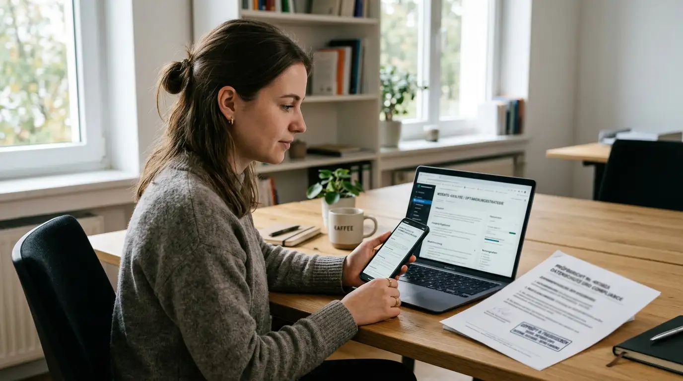 Person an einem aufgeräumten Schreibtisch prüft eine Website auf dem Laptop, daneben ein Smartphone