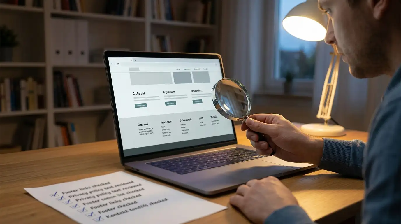 Person prüft auf einem Laptop-Bildschirm die Angaben zu Lizenz und Anbieterangaben im Footer einer Website