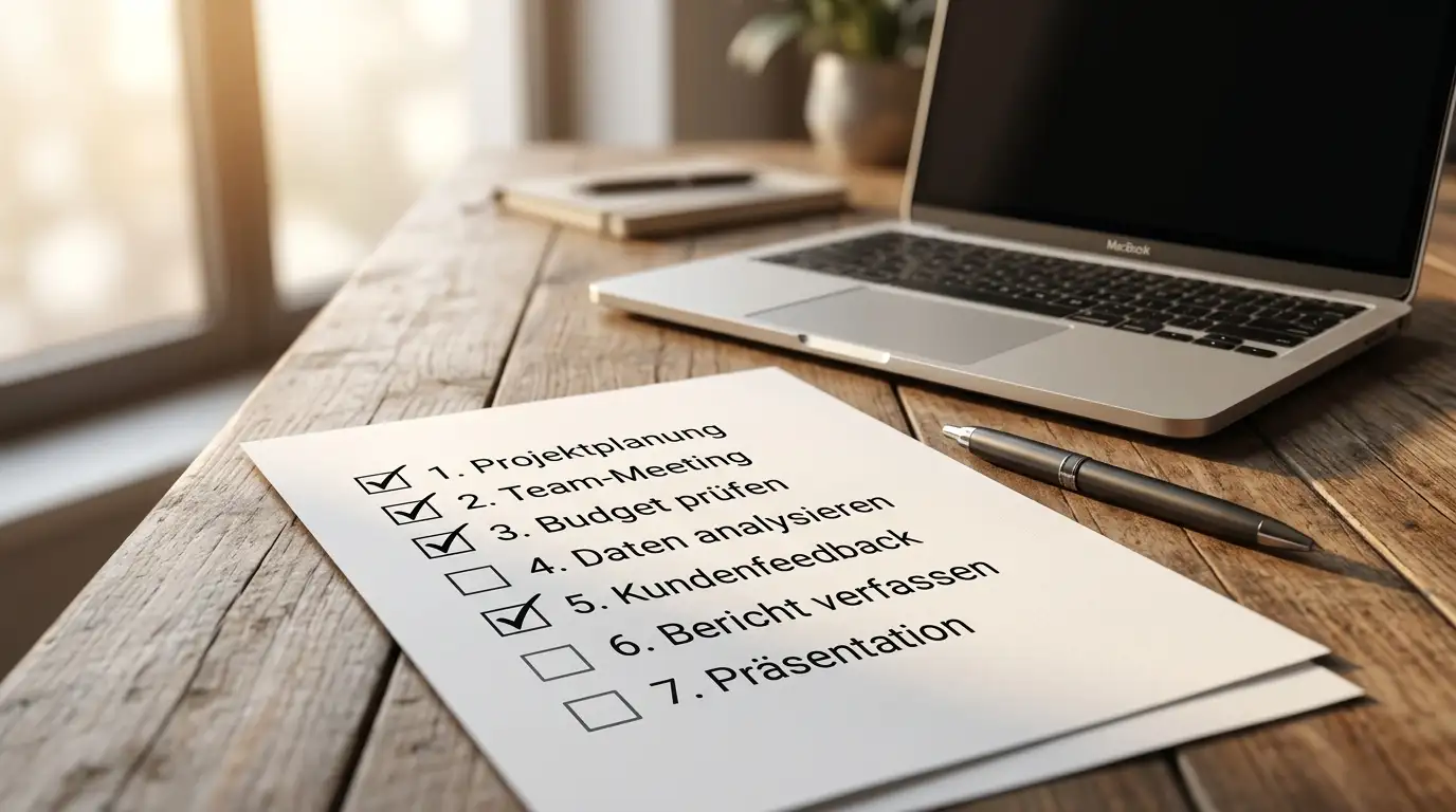 Gedruckte Checkliste auf Schreibtisch mit Markierungen
