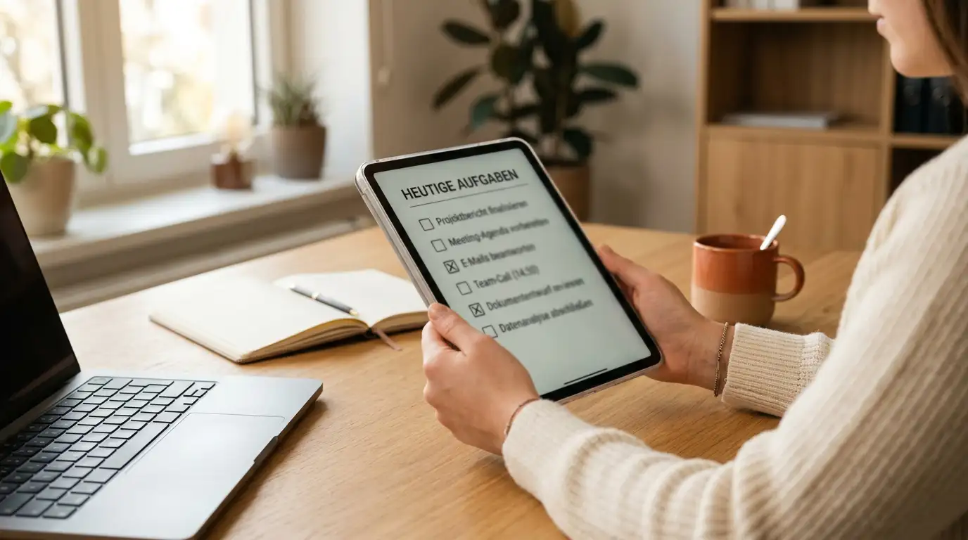 Person prüft Checkliste auf Tablet am Schreibtisch