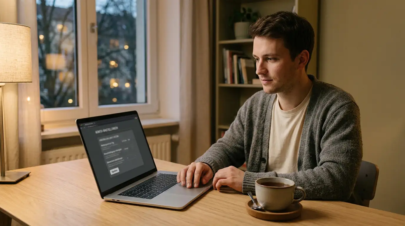 Person setzt eigene Einzahlungs- und Verlustlimits im Kontobereich am Laptop