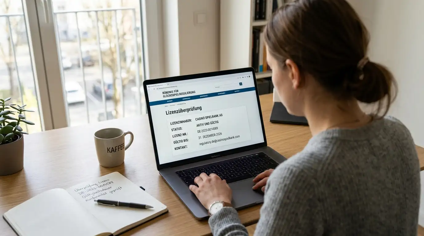 Person prüft Online-Casino-Lizenz und Sicherheitskriterien am Laptop