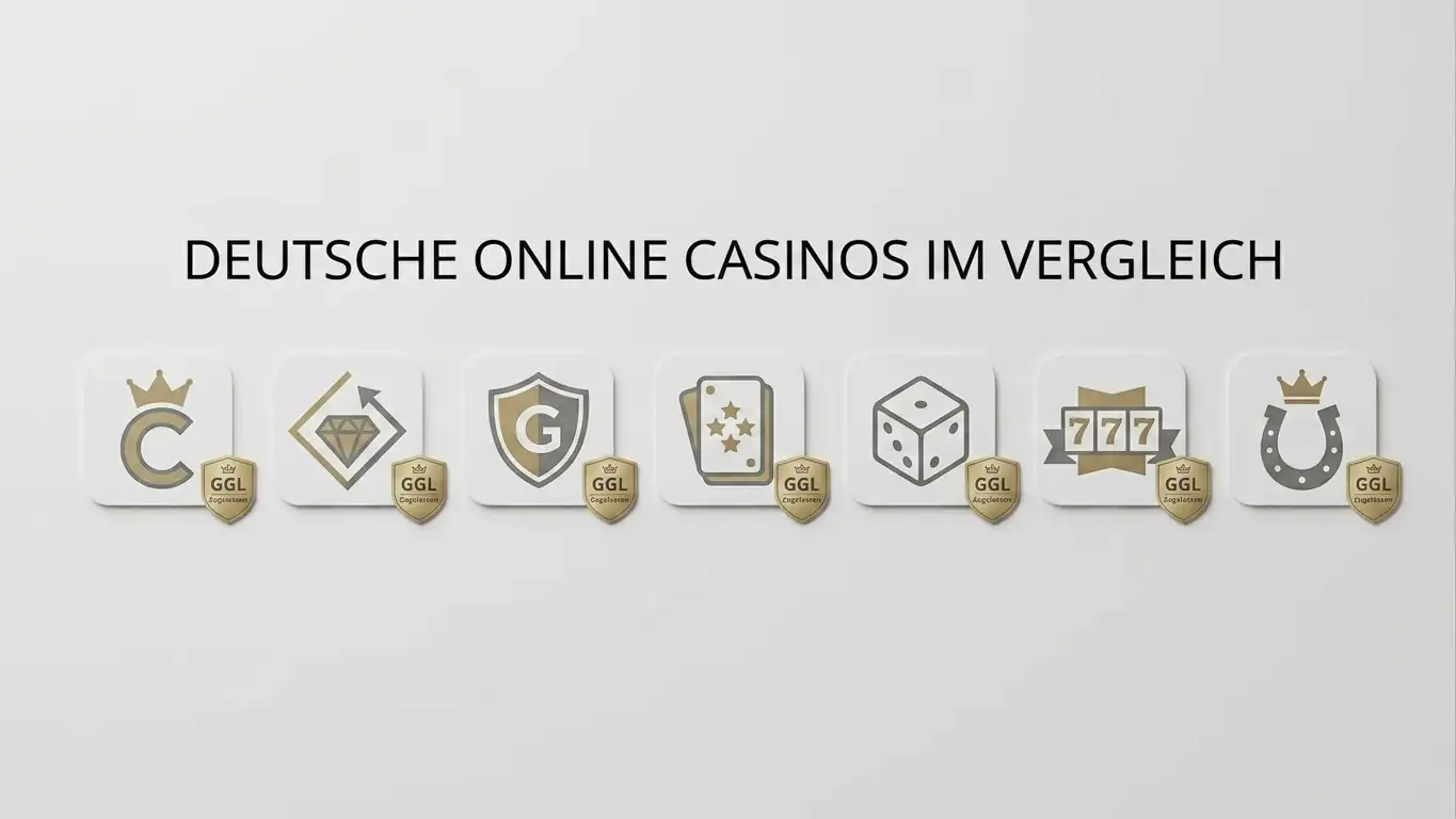 Sieben deutsche Online-Casino-Logos in einer Reihe mit GGL-Lizenzsiegel auf neutralem Hintergrund