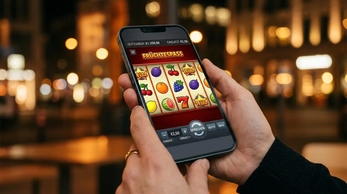 Smartphone mit Sizzling-Hot-Spielfeld im Hochformat und sichtbarem Panik-Button auf dem Display