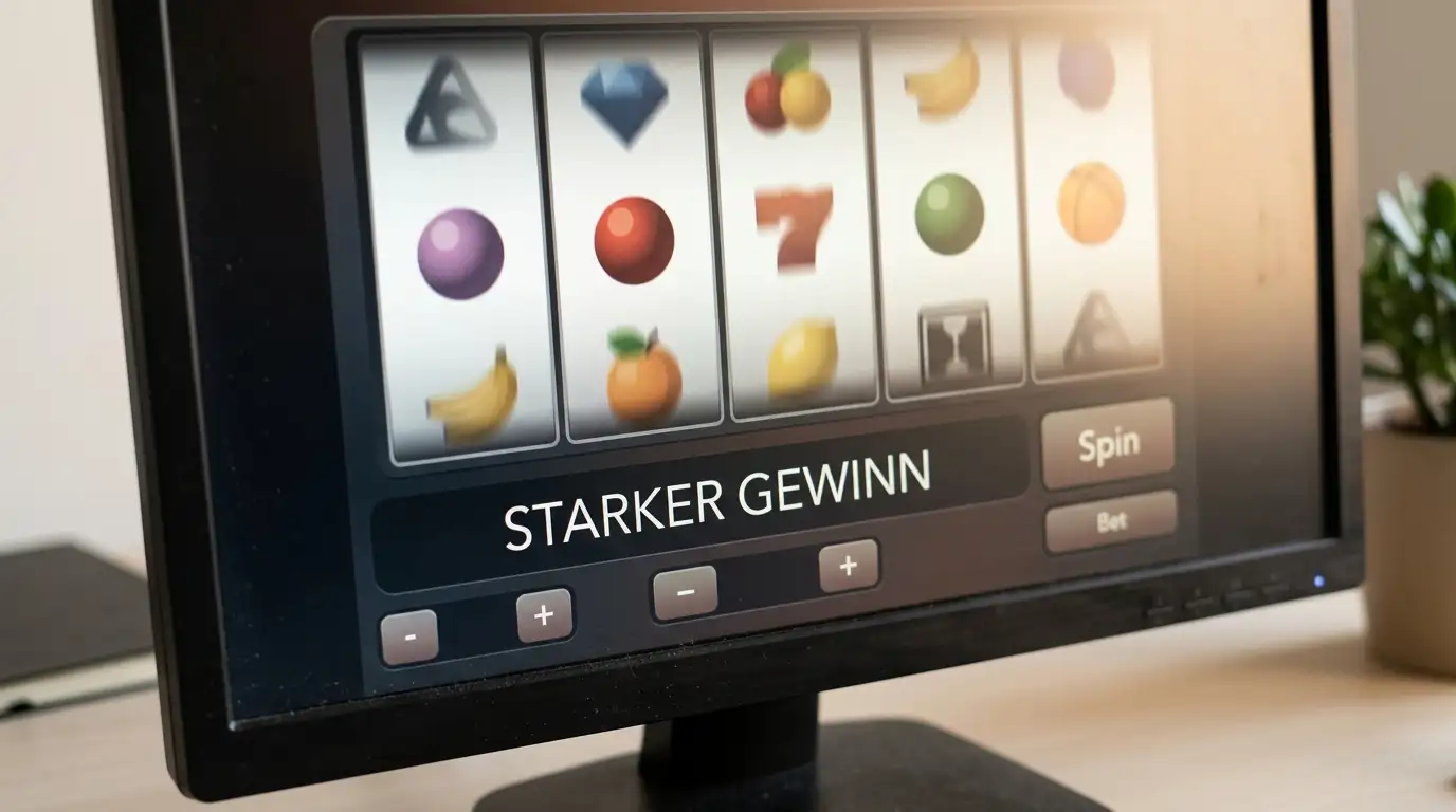 Nahaufnahme eines Slot-Automaten-Bildschirms mit rotierenden Walzen und neutralen Symbolen