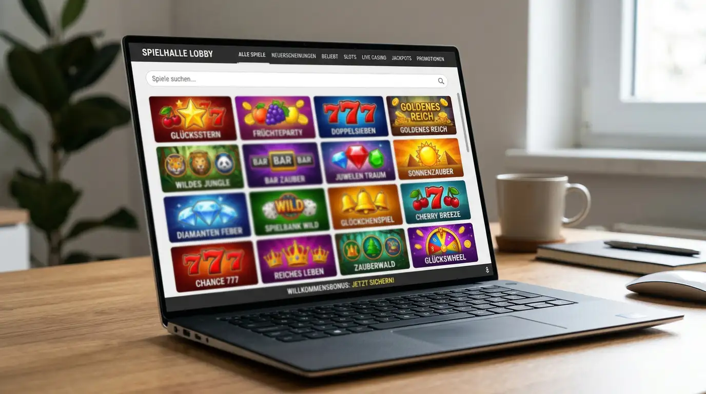 Laptop-Bildschirm mit mehreren Slot-Spiel-Thumbnails