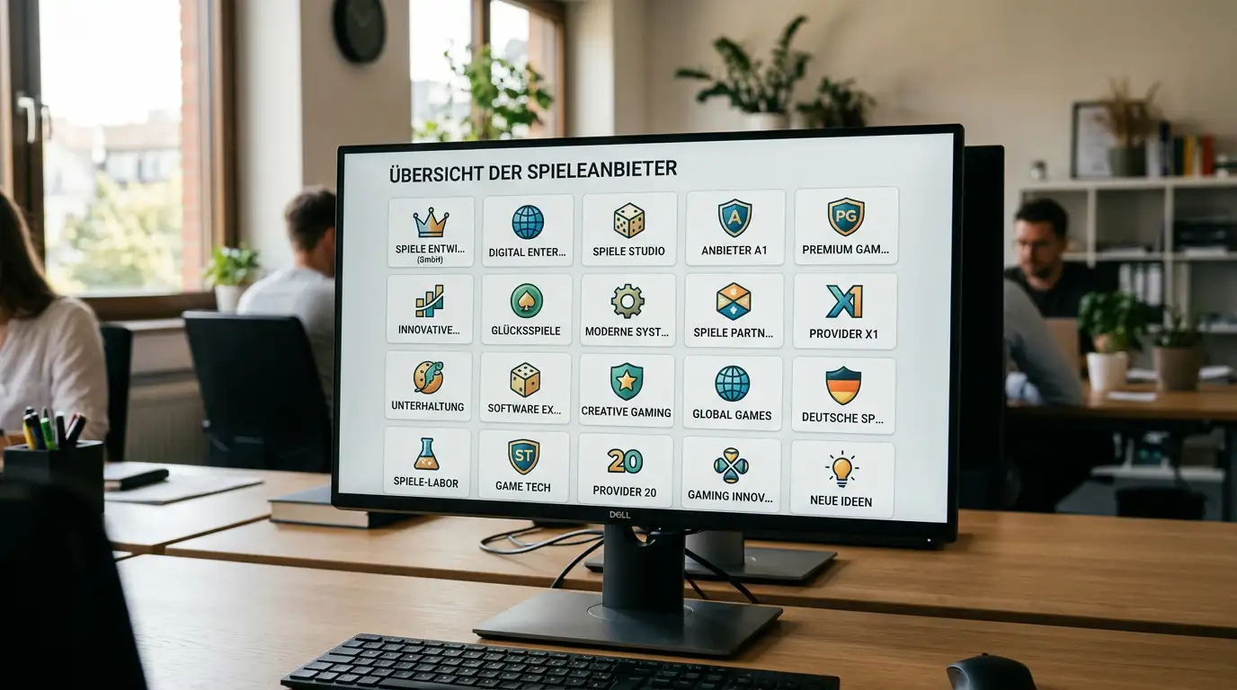Logos von Novomatic, Merkur Gaming, Pragmatic Play, NetEnt und Play'n GO auf Bildschirm