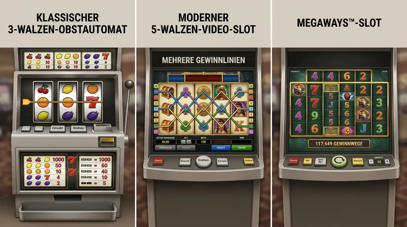 Verschiedene Slot-Typen: klassischer 3-Walzen-Slot, Video-Slot mit 5 Walzen, Megaways-Slot