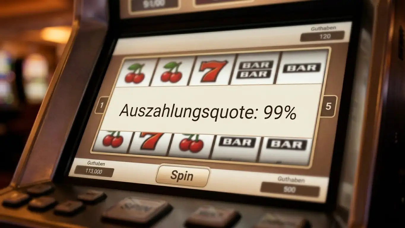 Nahaufnahme eines Spielautomaten-Bildschirms mit sichtbarer RTP-Anzeige von 99 Prozent