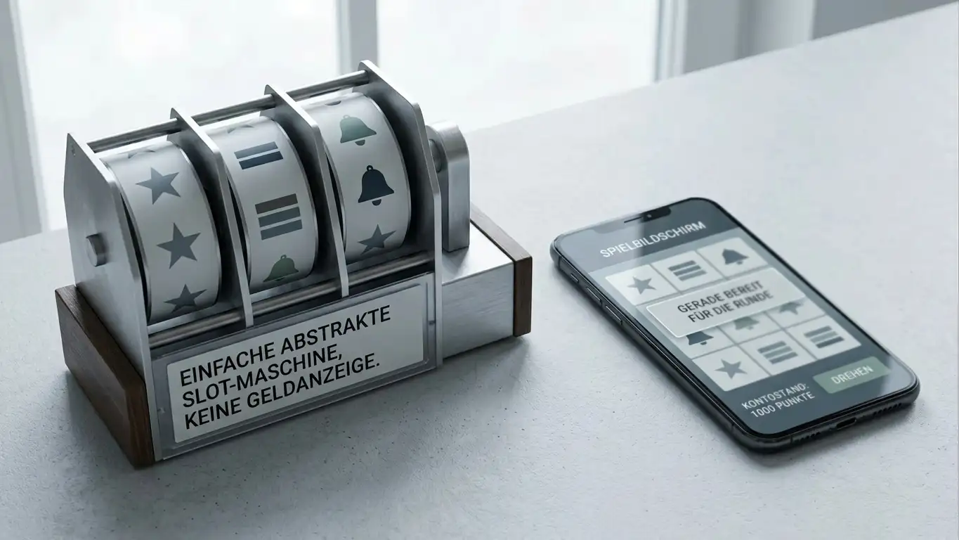 Generische Walzen eines Spielautomaten neben einem Smartphone mit neutralem Casino-Bildschirm